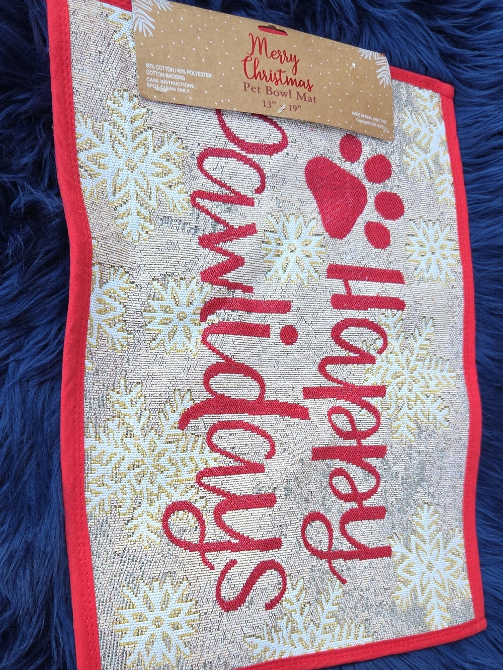 Source Unknown Merry Christmas Pet Bowl Mat - Red and Gold